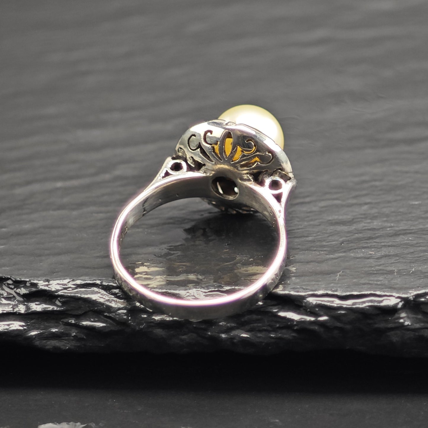 Art Deco Pearl Diamond Palladium Silver Ring Sz 6 1/2 R6715