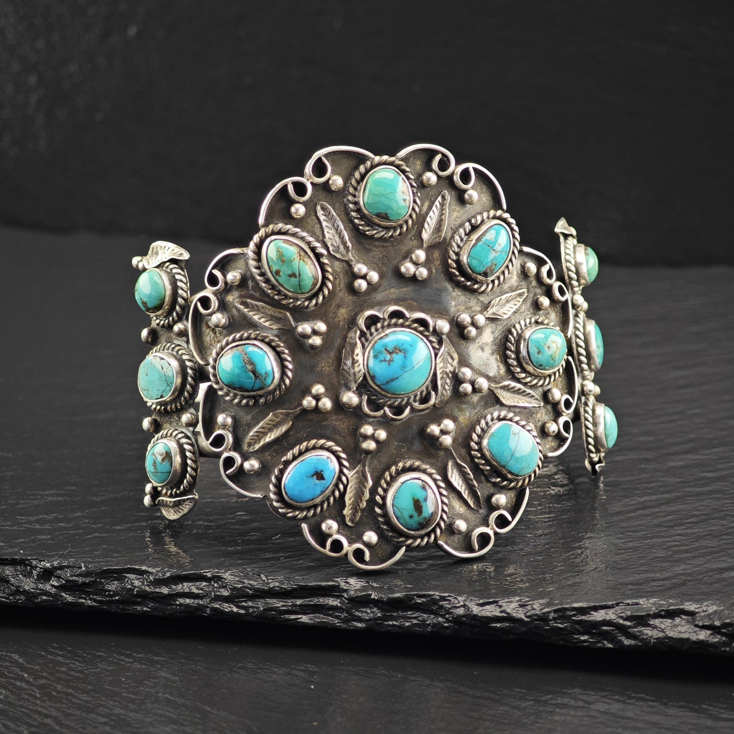 Large Turquoise Floral Cuff Bracelet Native American Sterling Silver