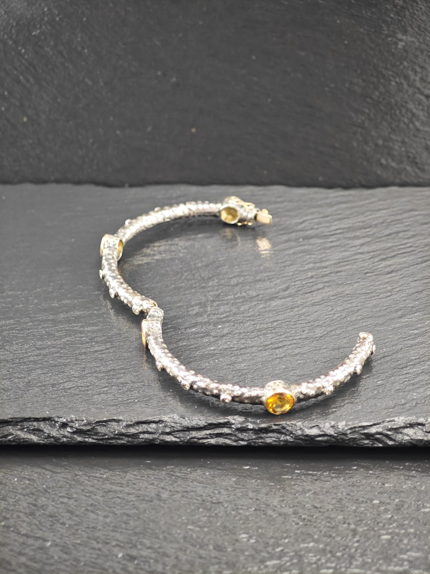 Brutalist 18K Gold Accent Citrine, Diamond Bangle Bracelet Sterling Silver