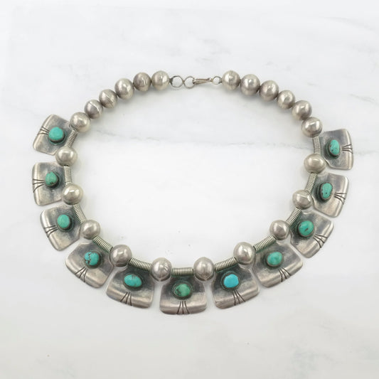 Vintage Historic, Native American Sterling Silver Blue Turquoise Beaded Choker Necklace