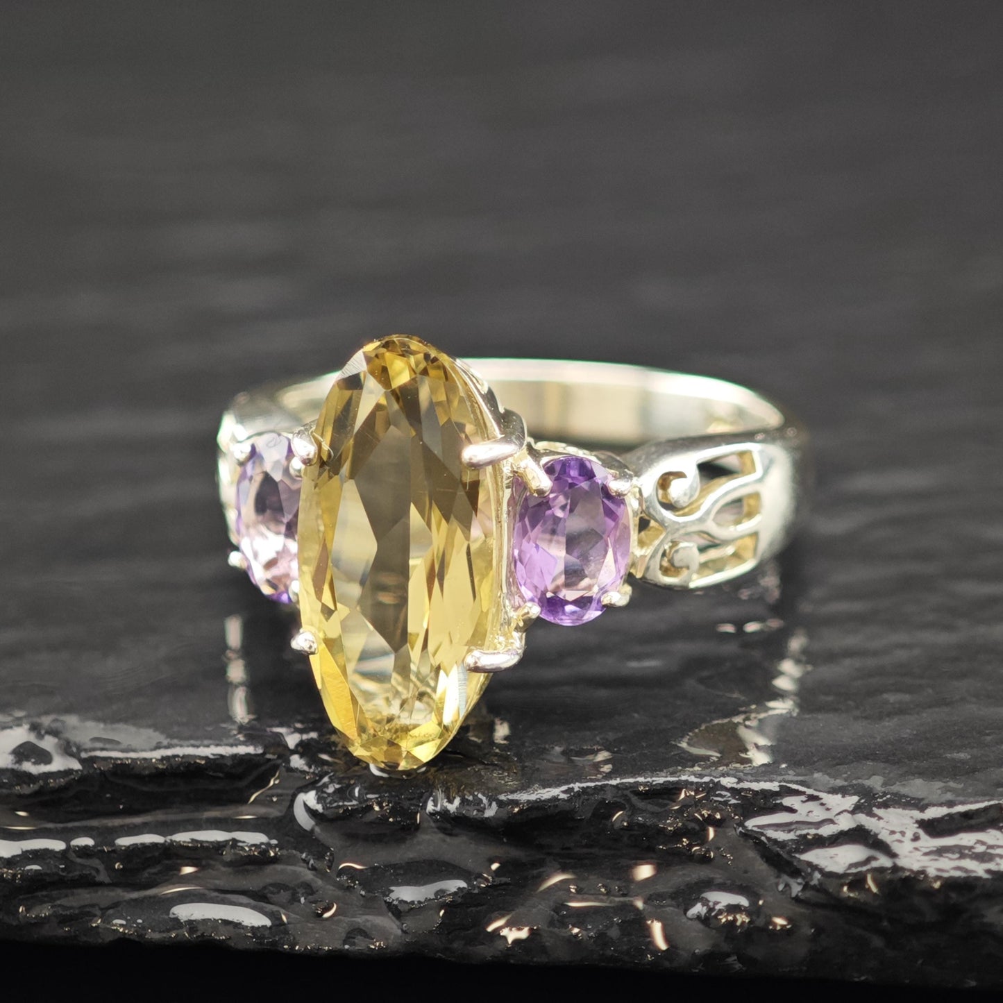 Sterling Silver Statement Ring Amethyst Citrine Size 8 R6232