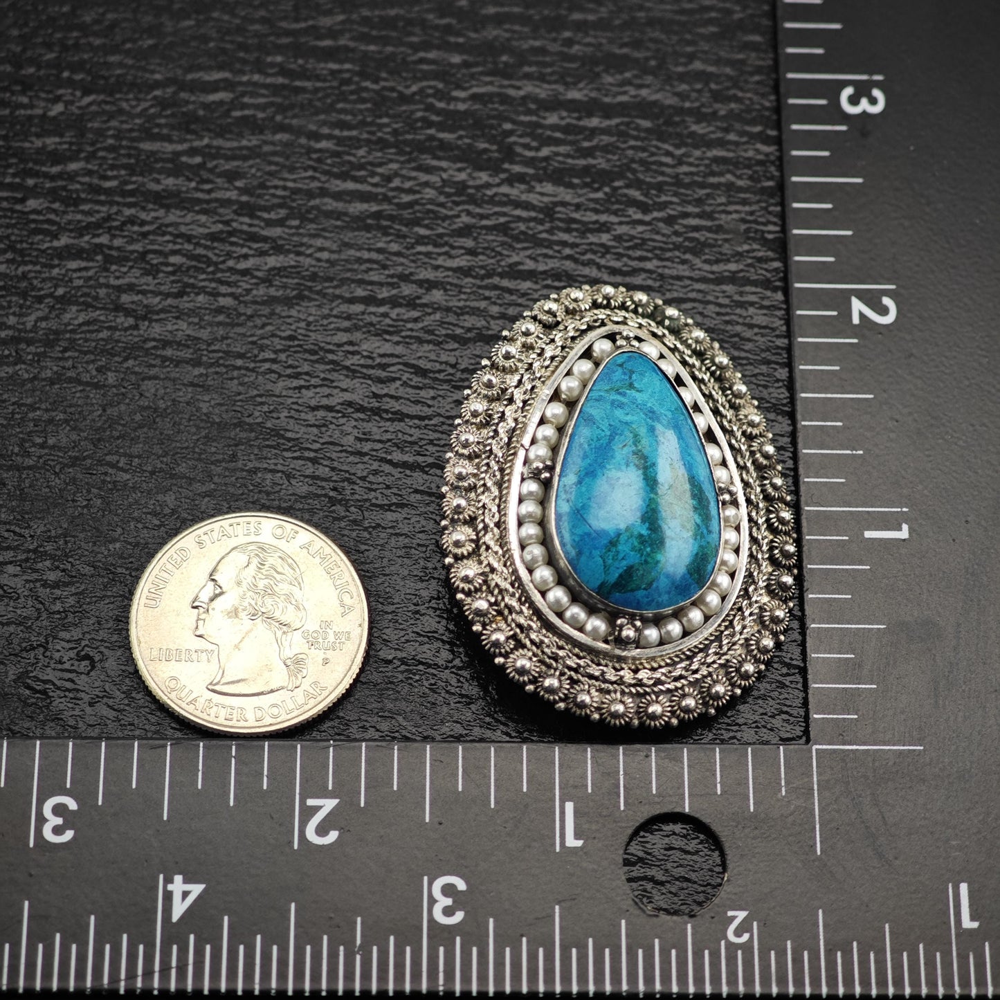 Jerusalem Blue Stone Teardrop Brooch Pendant with White Faux Pearls Sterling Silver