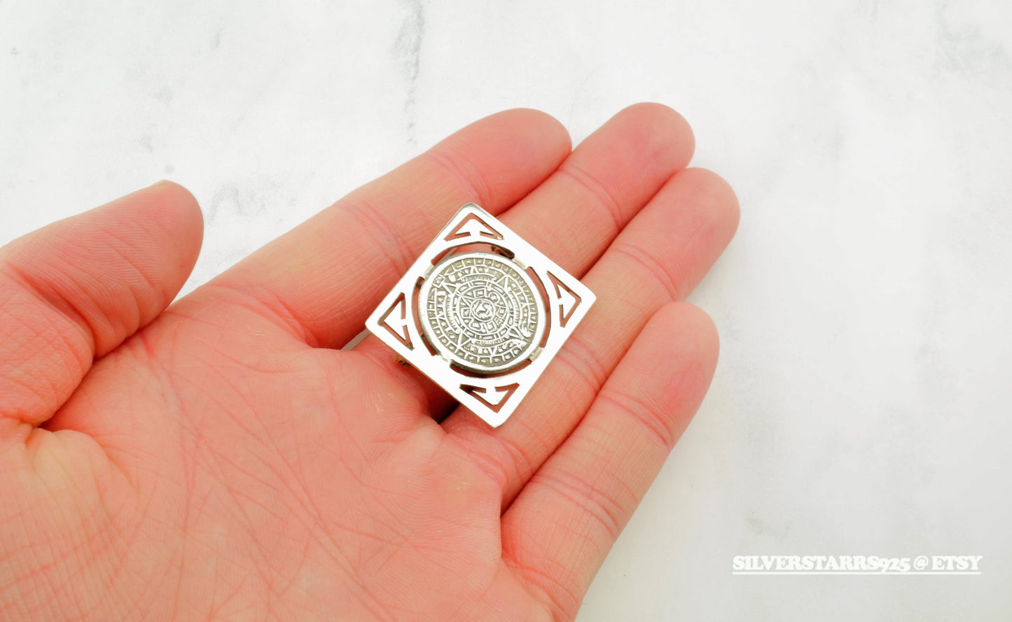 Aztec Calendar Sterling Silver Pendant Brooch