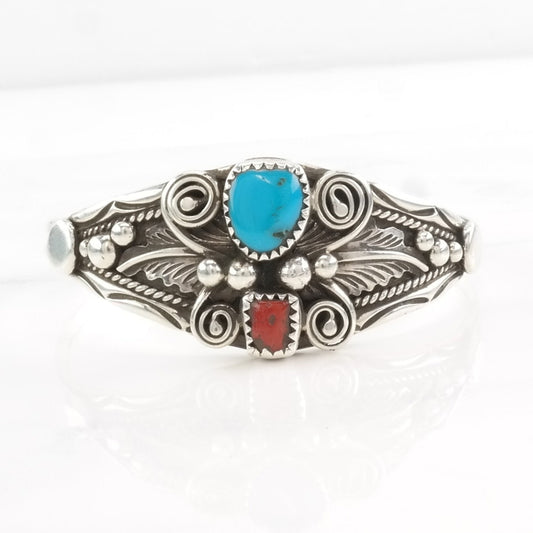 Vintage Native American Coral, Turquoise Cuff Bracelet Sterling Silver Blue, Red Leaf