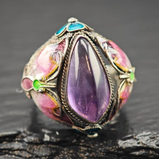 Chinese Export Amethyst, Enamel, Ring Flower Sterling Silver Sz 9