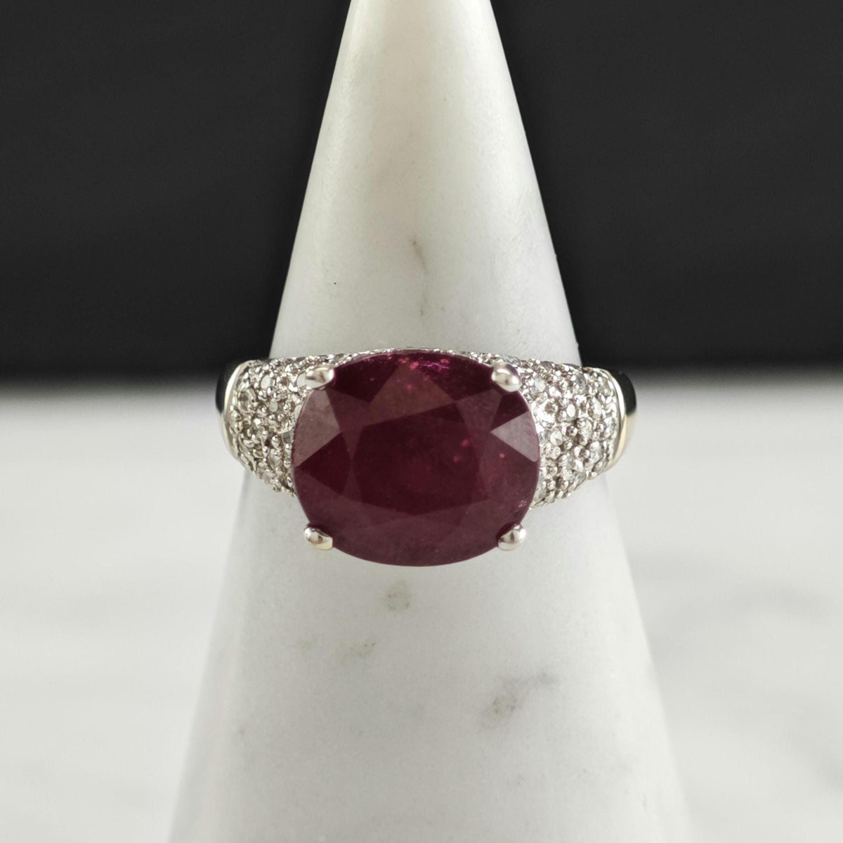 7ct Glass Filled Ruby & Diamond Cluster 14K White Gold Ring Sz 8 R6796