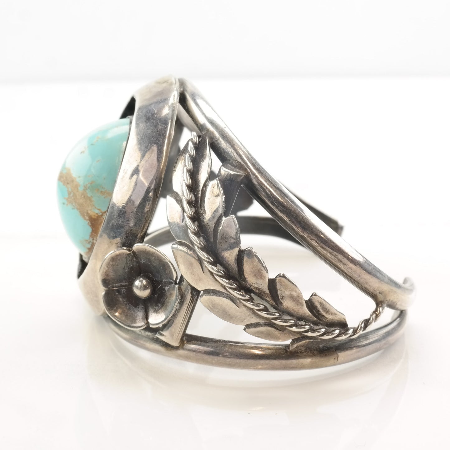 Native American Sterling Silver Persian Turquoise Flower Leaf Shadowbox Cuff Bracelet