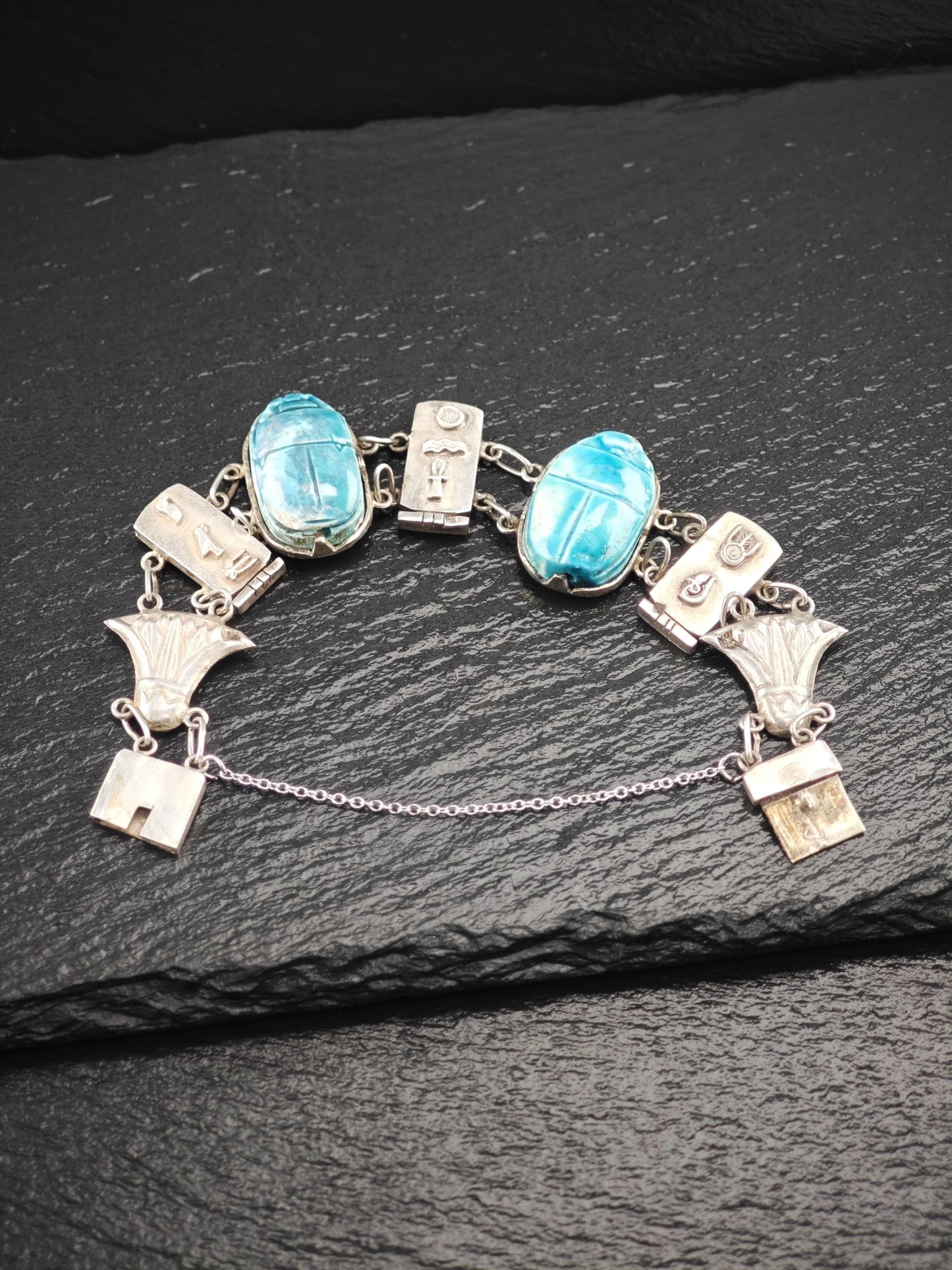 Egyptian Revival Cartouche & Carved Scarab Bracelet Sterling Silver
