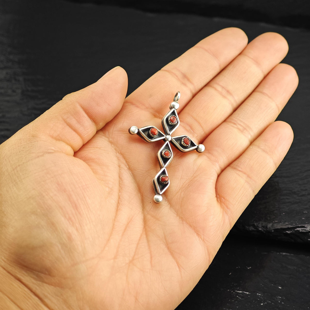 Reversible Zuni Turquoise, Coral Cross Sterling Silver Pendant P3143