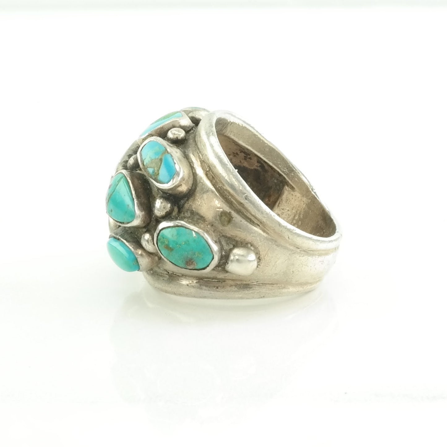 Native American Silver Ring Turquoise Cluster, Dome Sterling Blue Size 7 1/4