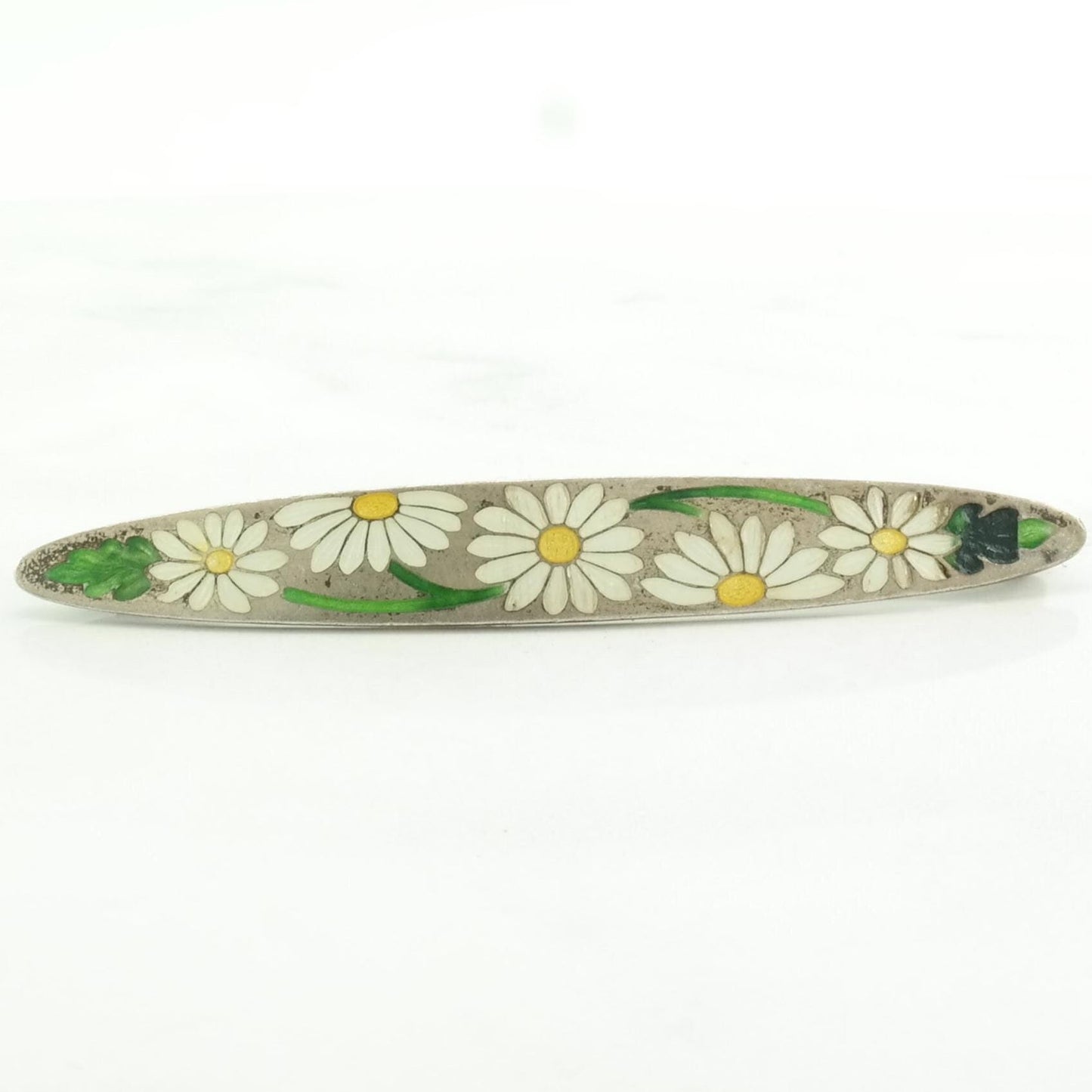 White, Green Silver Brooch Floral, Daisy Enamel Sterling