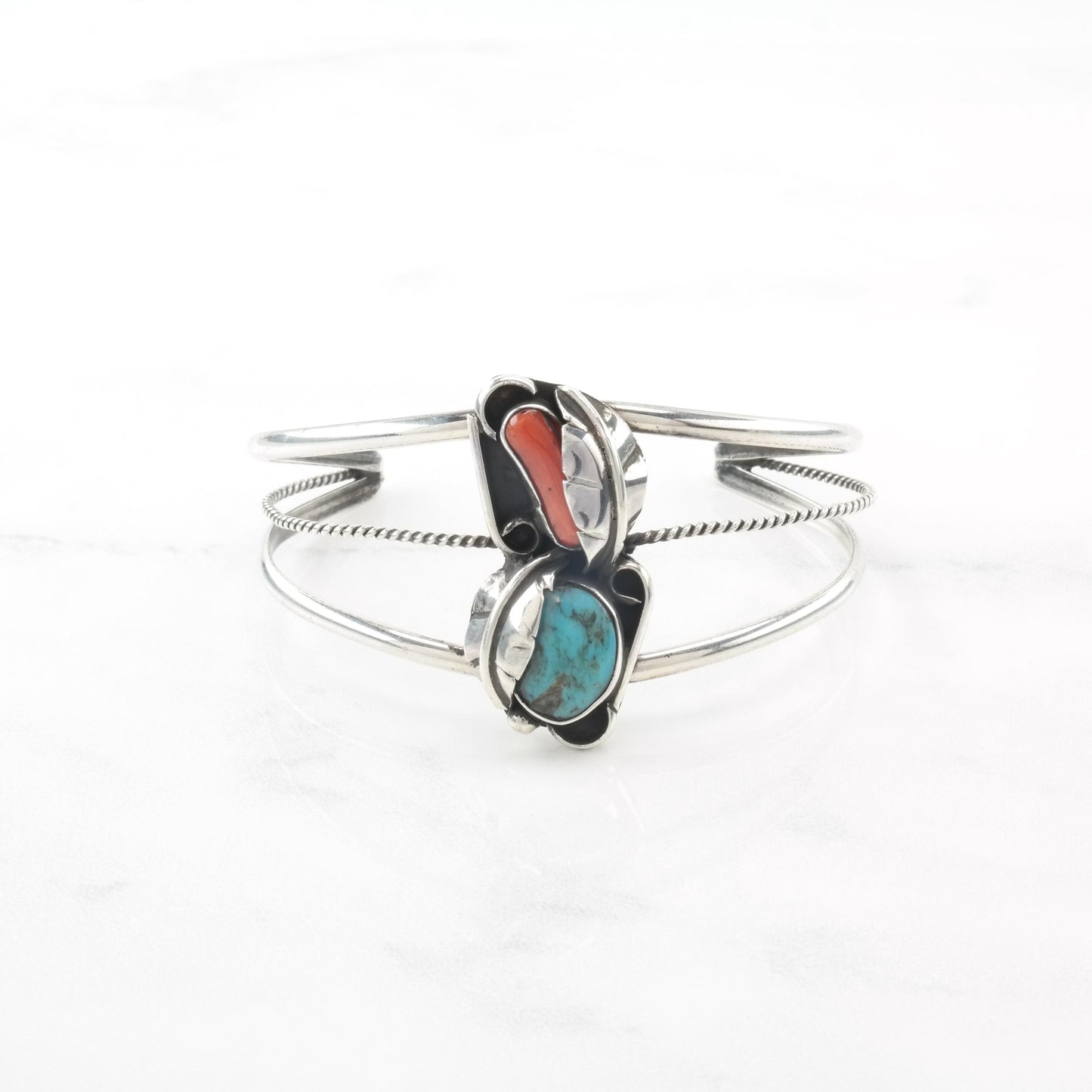 Southwest Turquoise, Coral Feather, Shadow Box Sterling Silver Cuff Bracelet