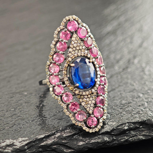 Oxidized Diamond, Sapphire, Tourmaline Ring Sterling Silver R5800