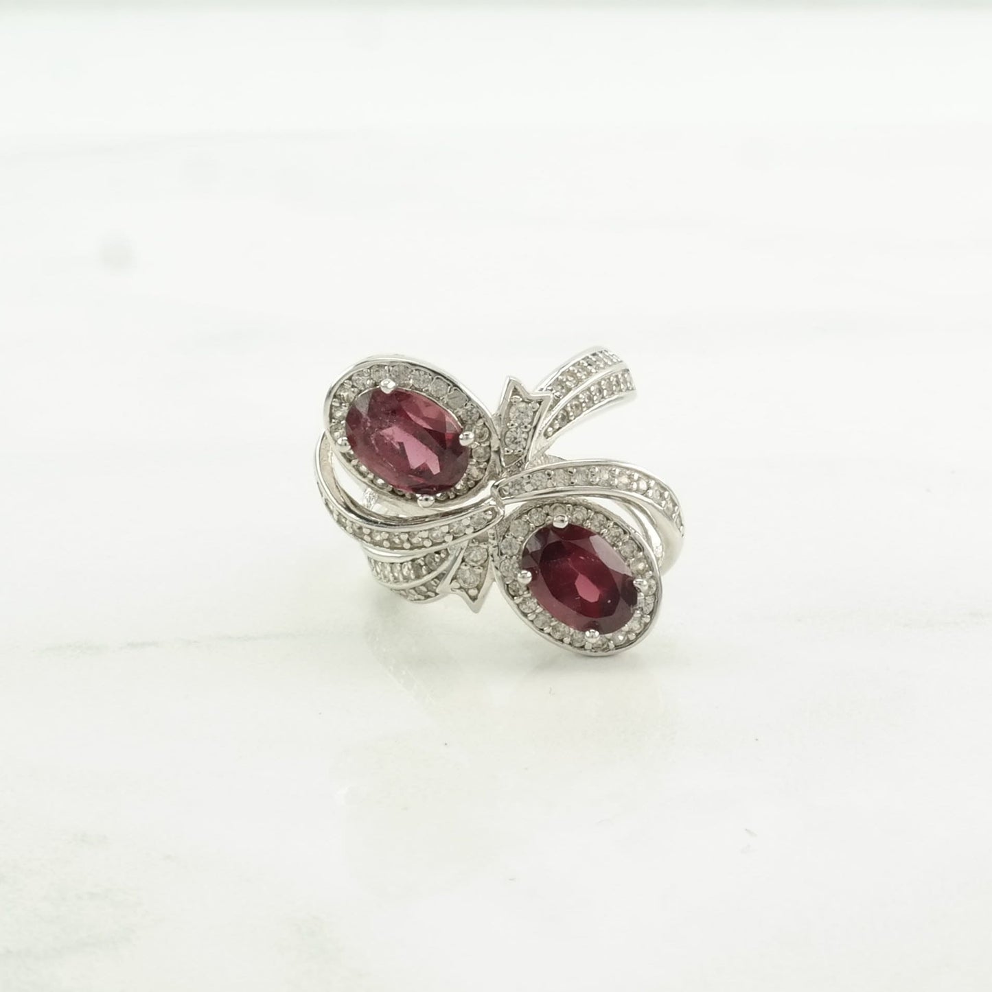 Sterling Silver Ring, Garnet White Zircons Ribbon Pink Size 5