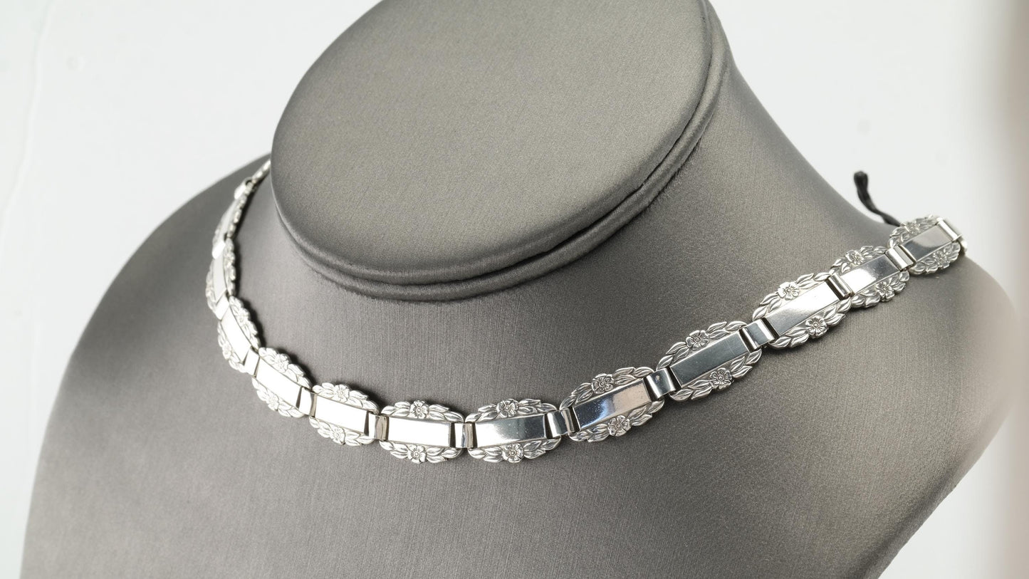 WWII Era Sterling Silver "Forget Me Not" Choker Necklace | 1940s | Engravable