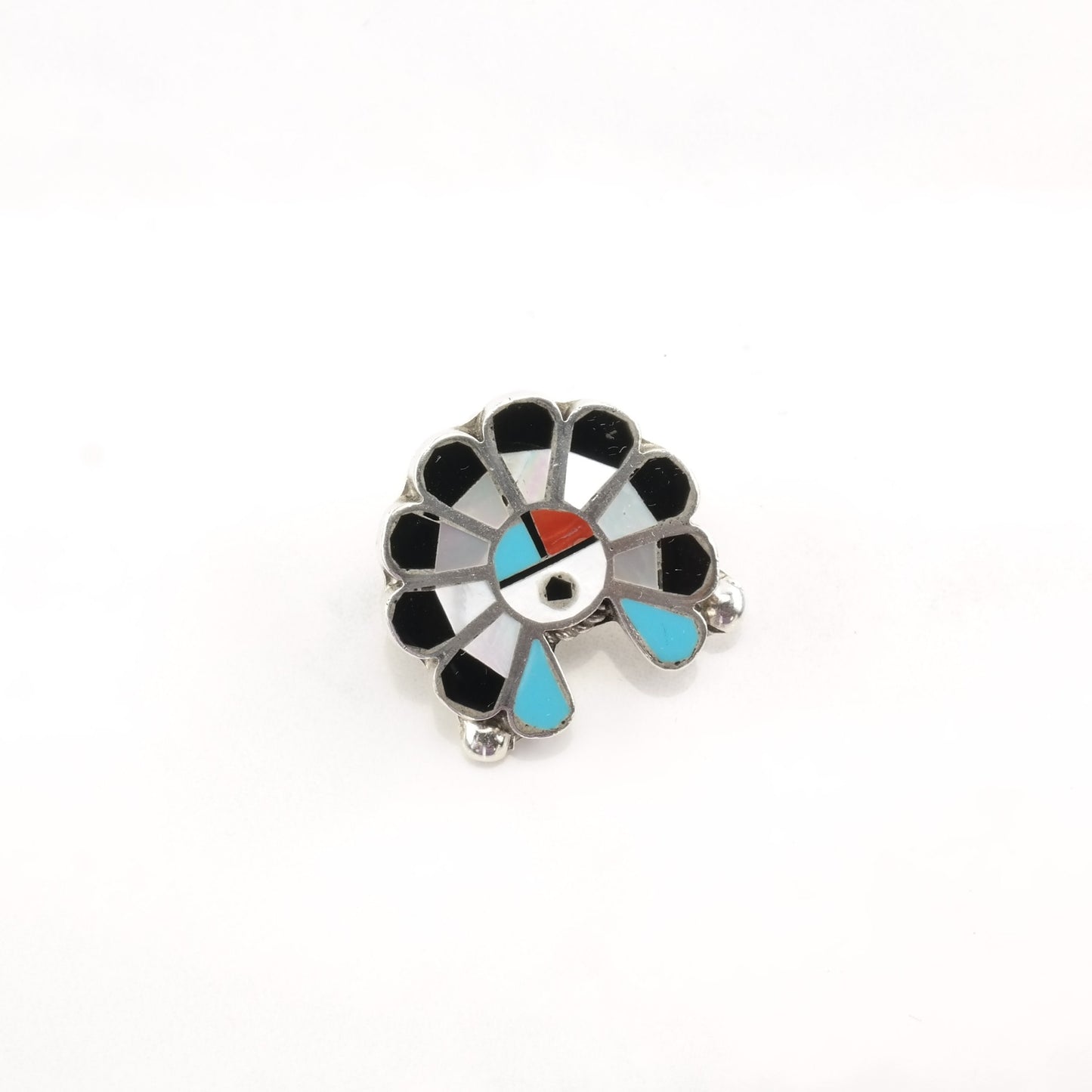 Native American Sterling Silver Brooch Pendant Inlay MOP Turquoise Coral Onyx