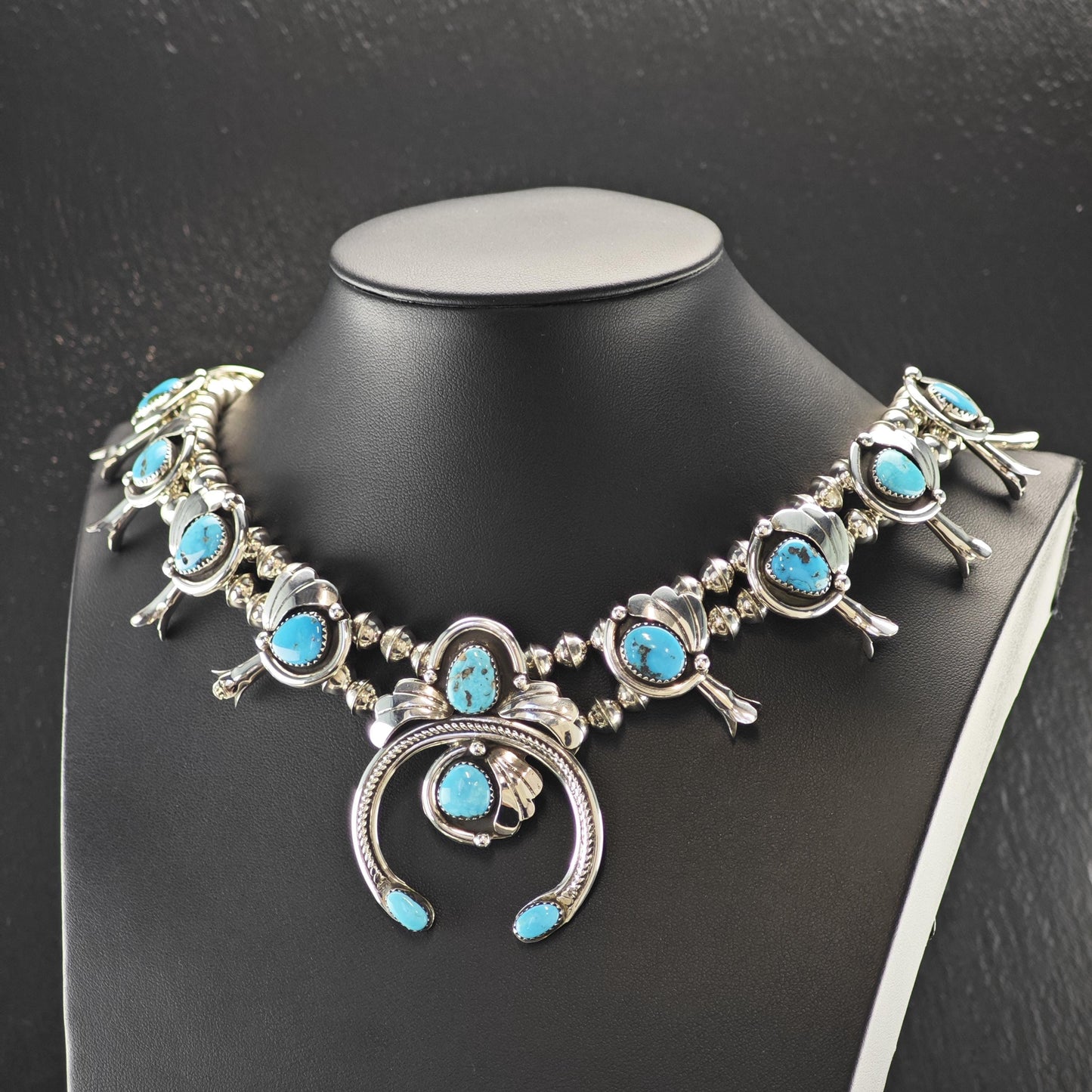 Vintage Native American Sterling Silver Blue Turquoise Squash Blossom Necklace