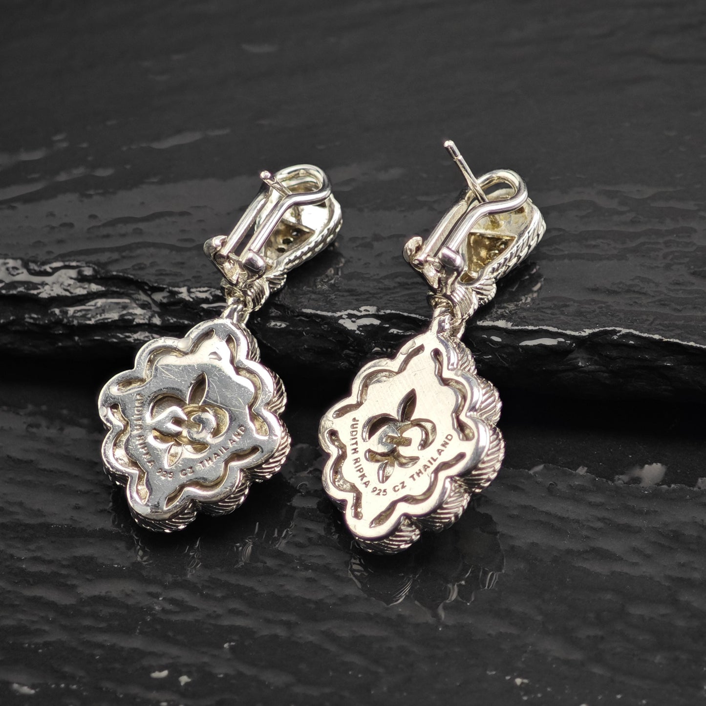 Vintage Judith Ripka Mother of Pearl, CZ Omega Back Sterling Silver Earrings ER3192