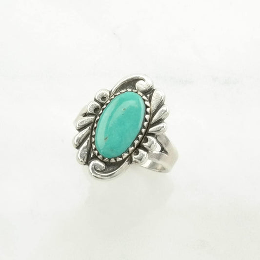 Turquoise Silver Ring Floral Sterling Blue Size 6