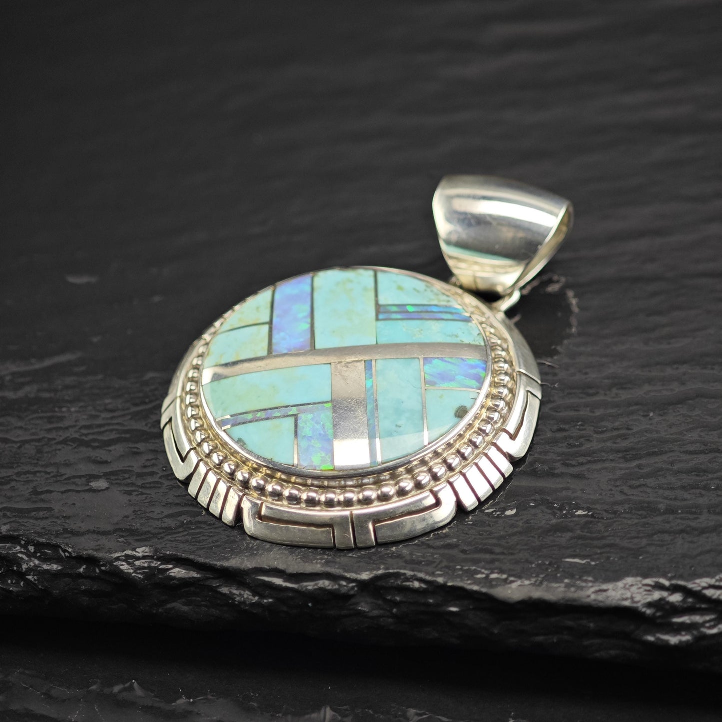 Large Turquoise, Opal Inlay Sterling Silver Pendant P3043