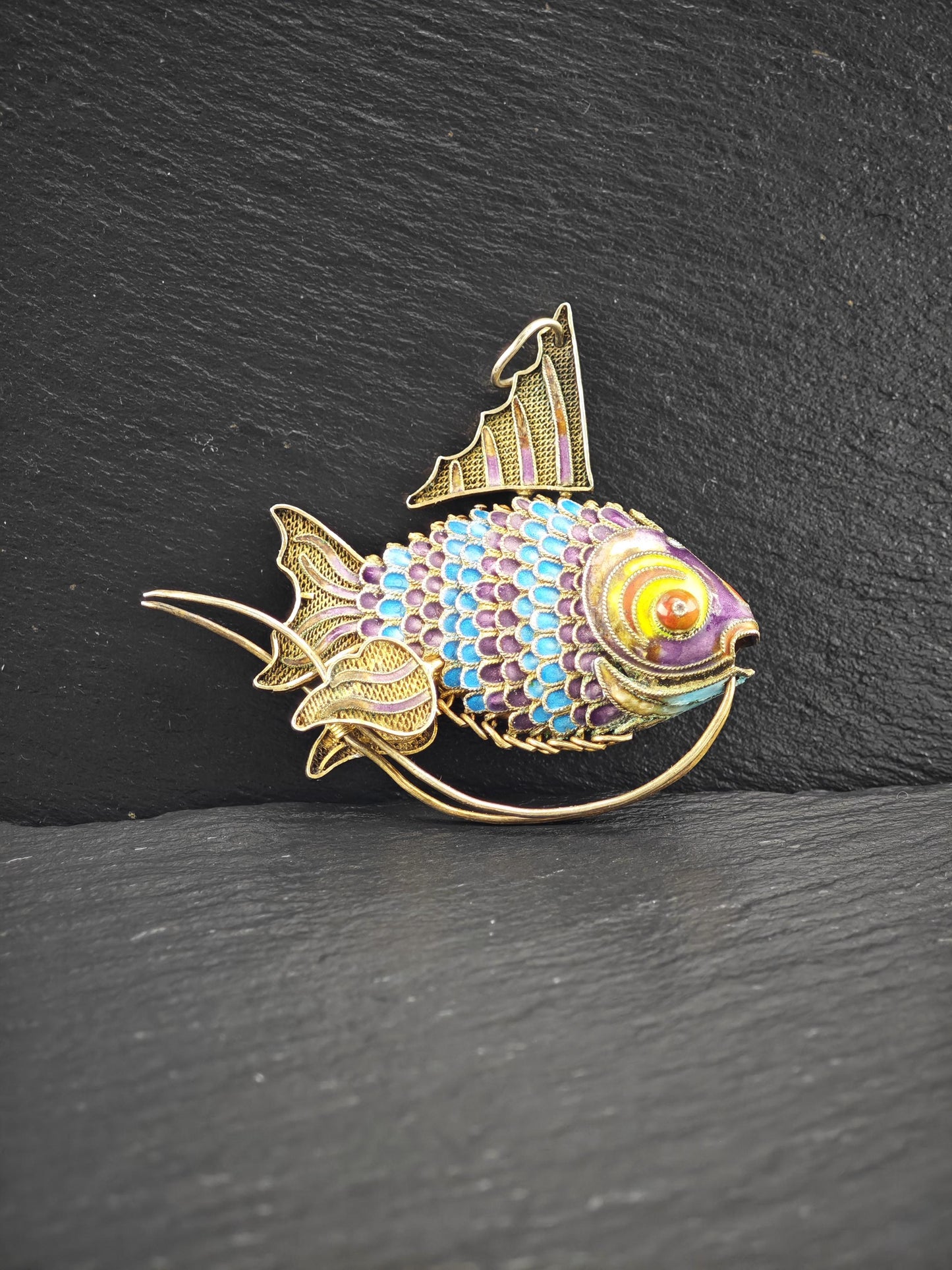 Articulated Enamel Chinese Export Koi Fish, Gold Gilded Sterling Silver P2746