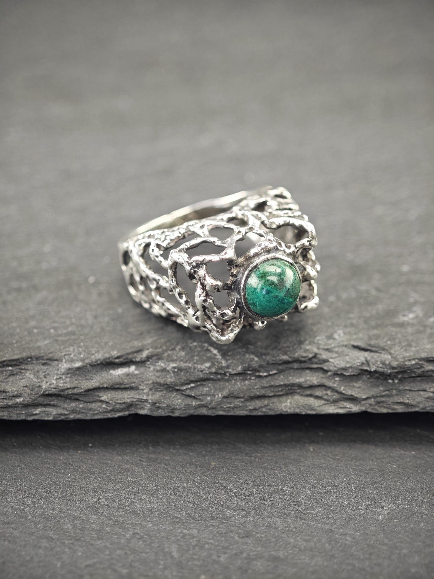 Vintage Brutalist Chrysocola Ring Sterling Silver