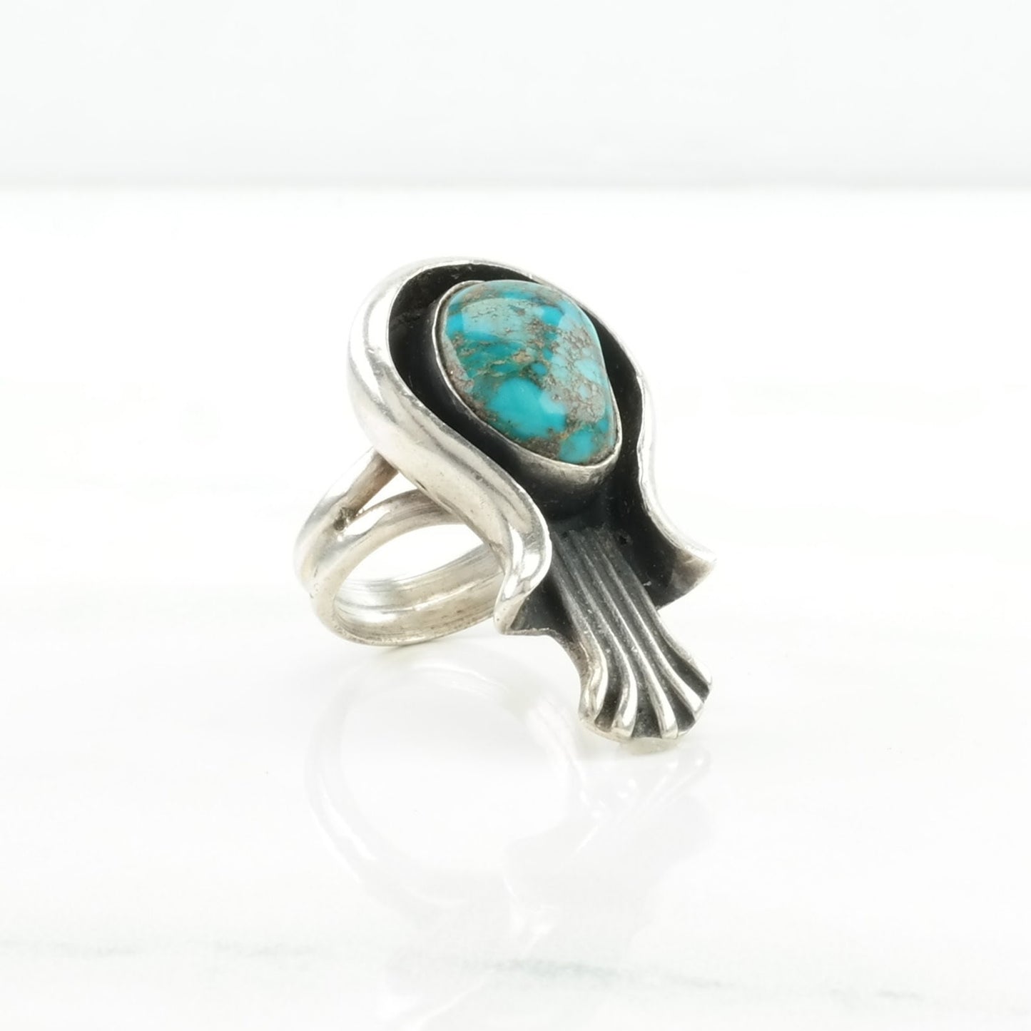 Native American Silver Ring High Grade, Spiderweb Blossom Sterling Blue Size 6