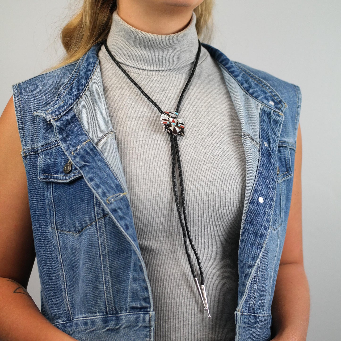 Vintage Native American Sterling Silver, Inlay Thunderbird Bolo Tie Necklace N2743