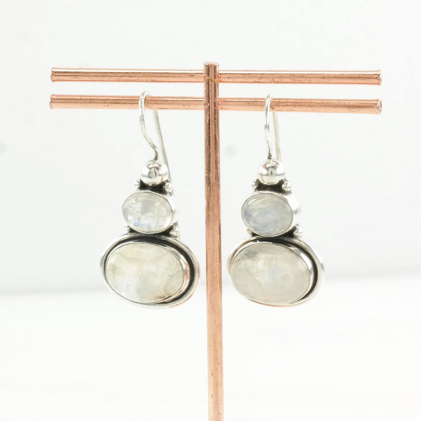 Sterling Silver Iridescent Moonstone Stacked Stone Earrings Fish hook