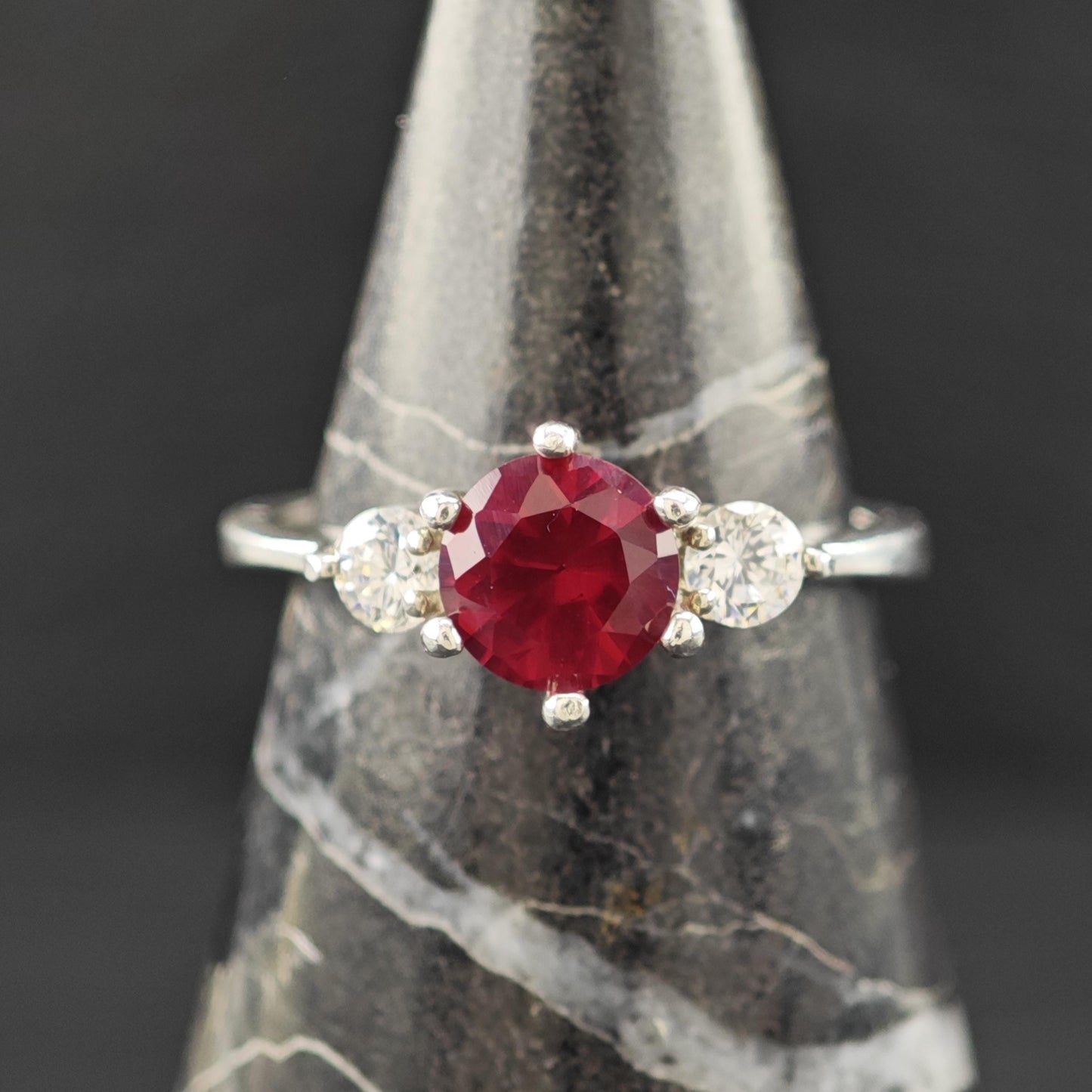Sterling Silver Ring Lab Ruby Center Stone Size 7 CZ Details R6189