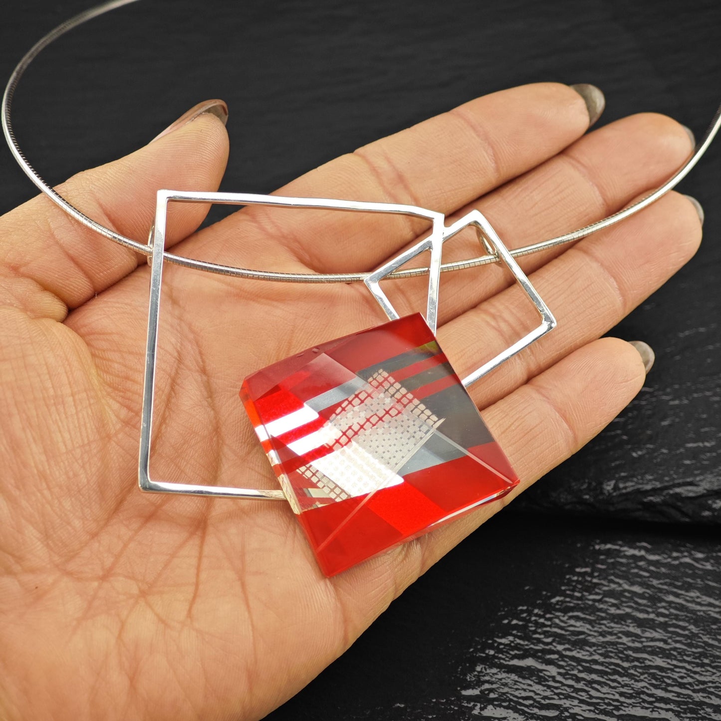 Pavel Novak Sterling Silver Red Glass Abstract, Modernist Necklace