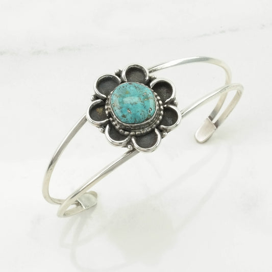 Southwest Sterling Silver Cuff Bracelet Blue Turquoise Floral