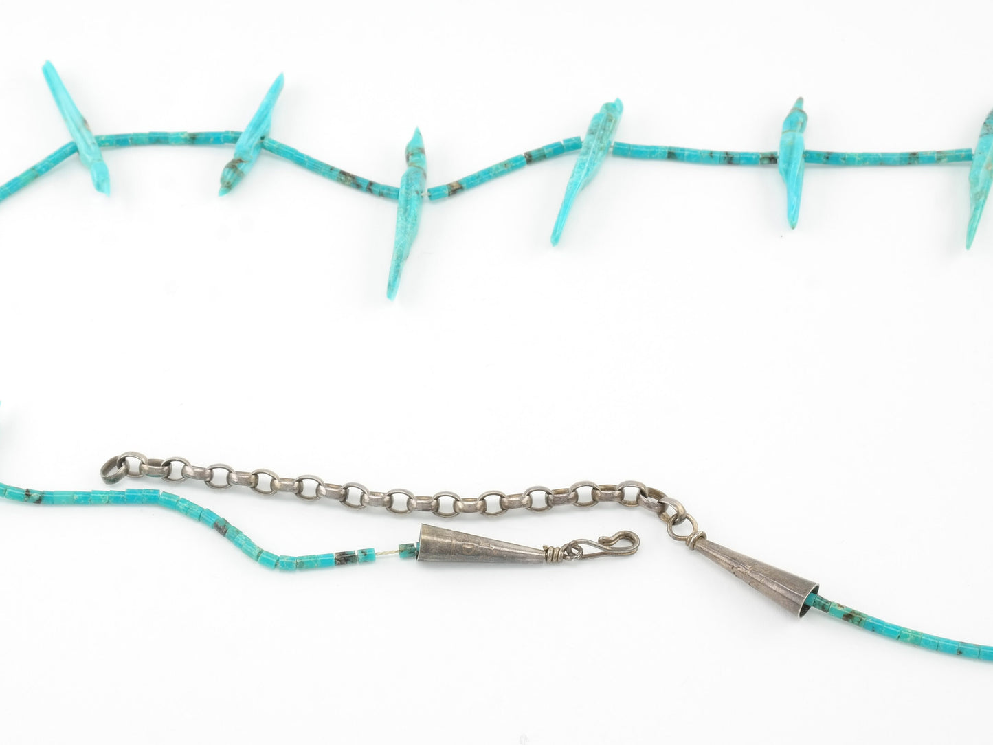 Zuni Blue Carved Turquoise Heishi Fetish Sterling Silver Necklace