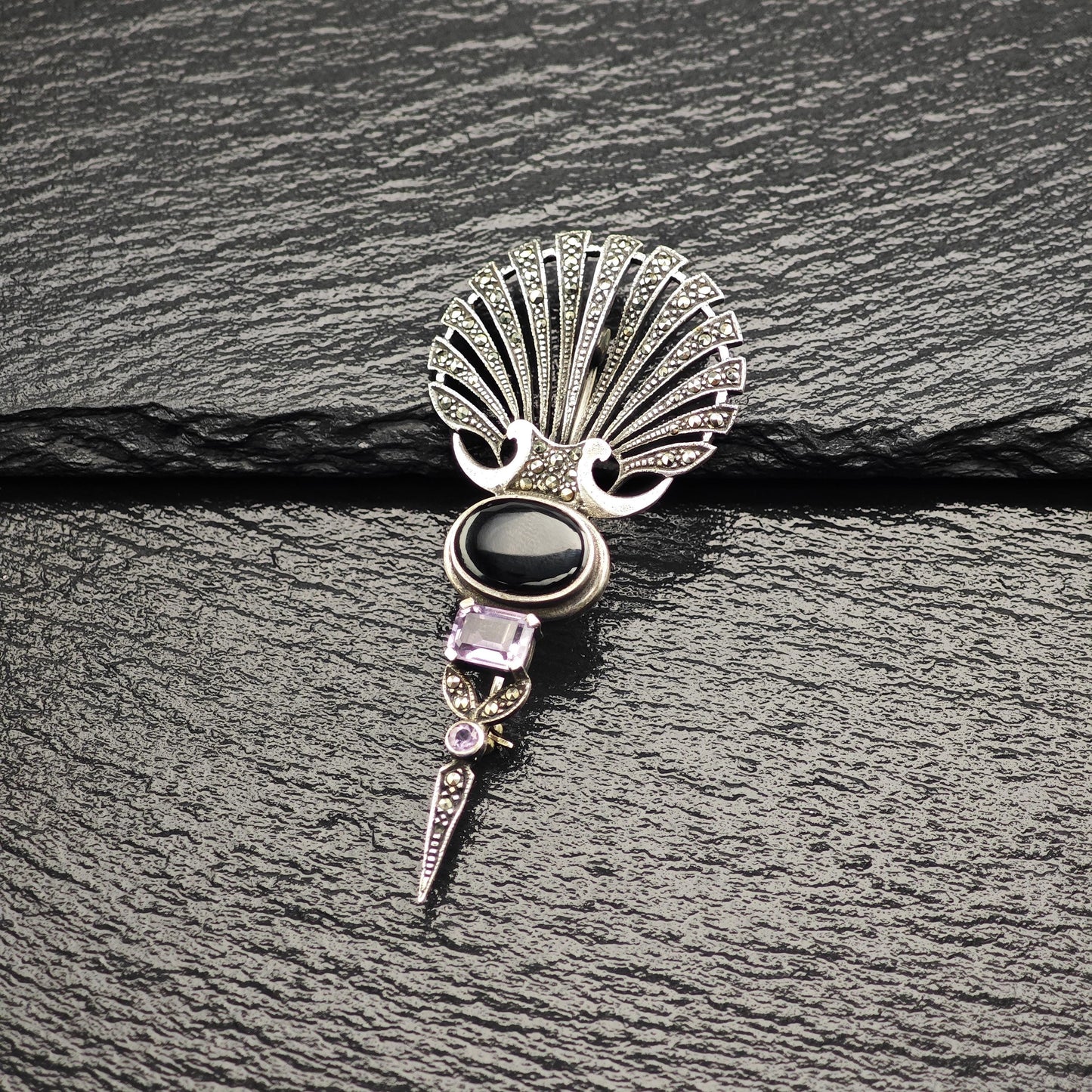 Art Deco Style Onyx, Amethyst, Marcasite Sterling Silver Brooch