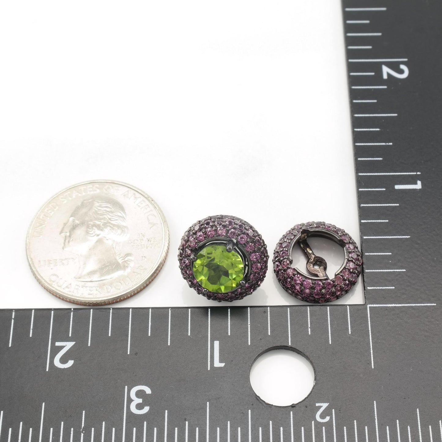 Vintage Oxidized Sterling Silver Stud Earrings Natural Peridot Garnet