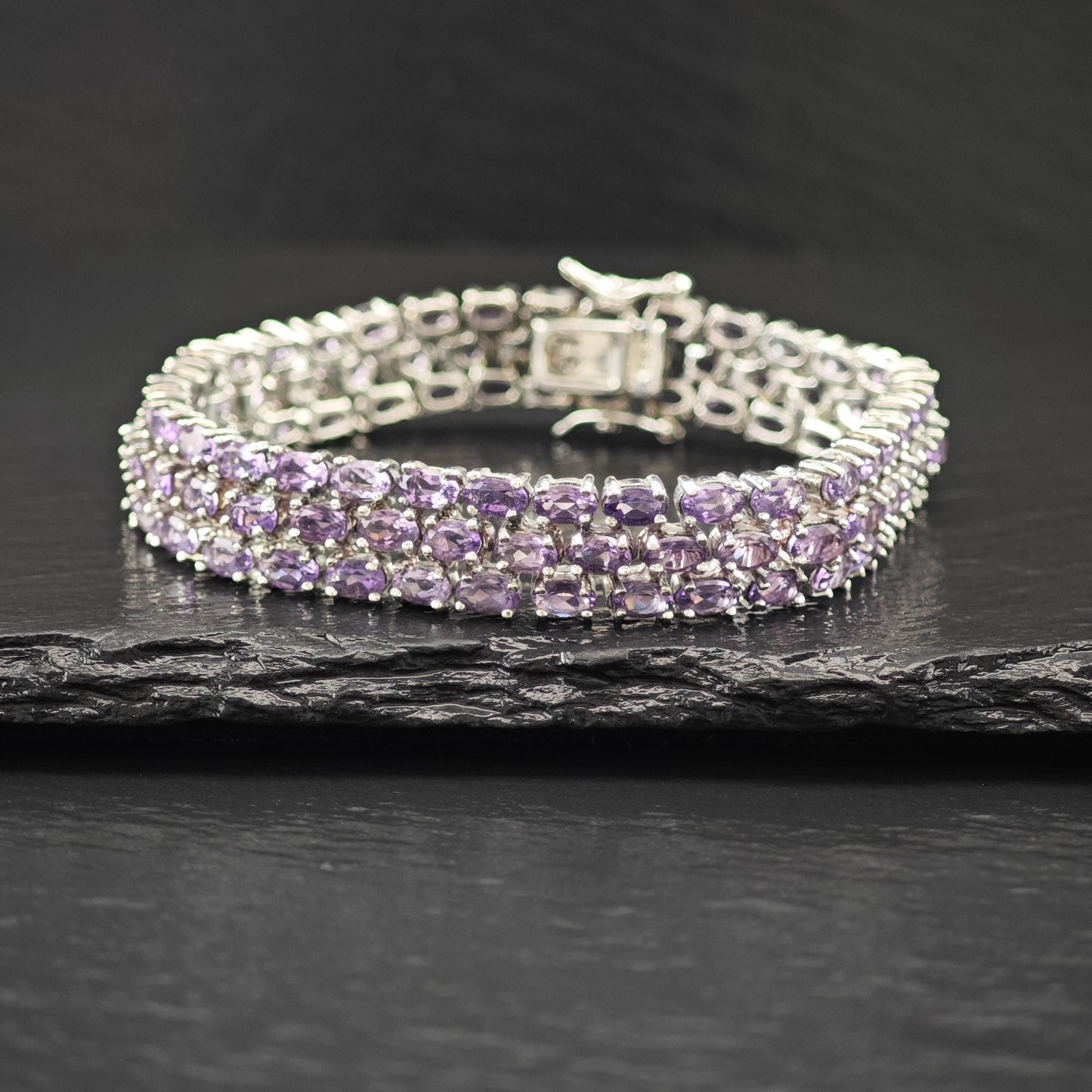 Amethyst Triple Strand Line Bracelet Sterling Silver Size 7"