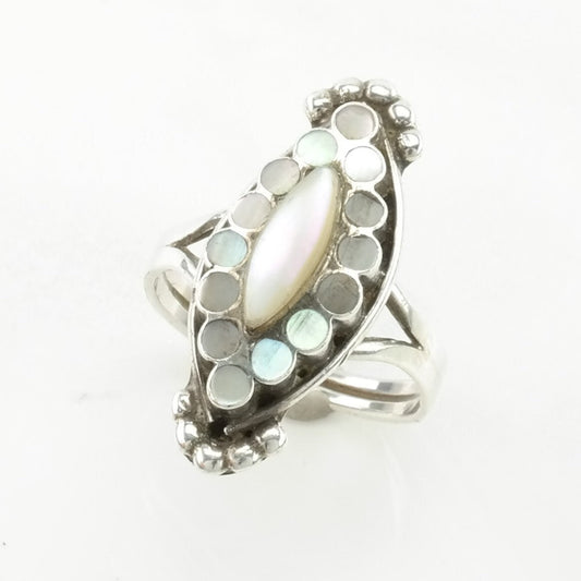 Native American Silver Ring MOP Navette Inlay Sterling Size 7