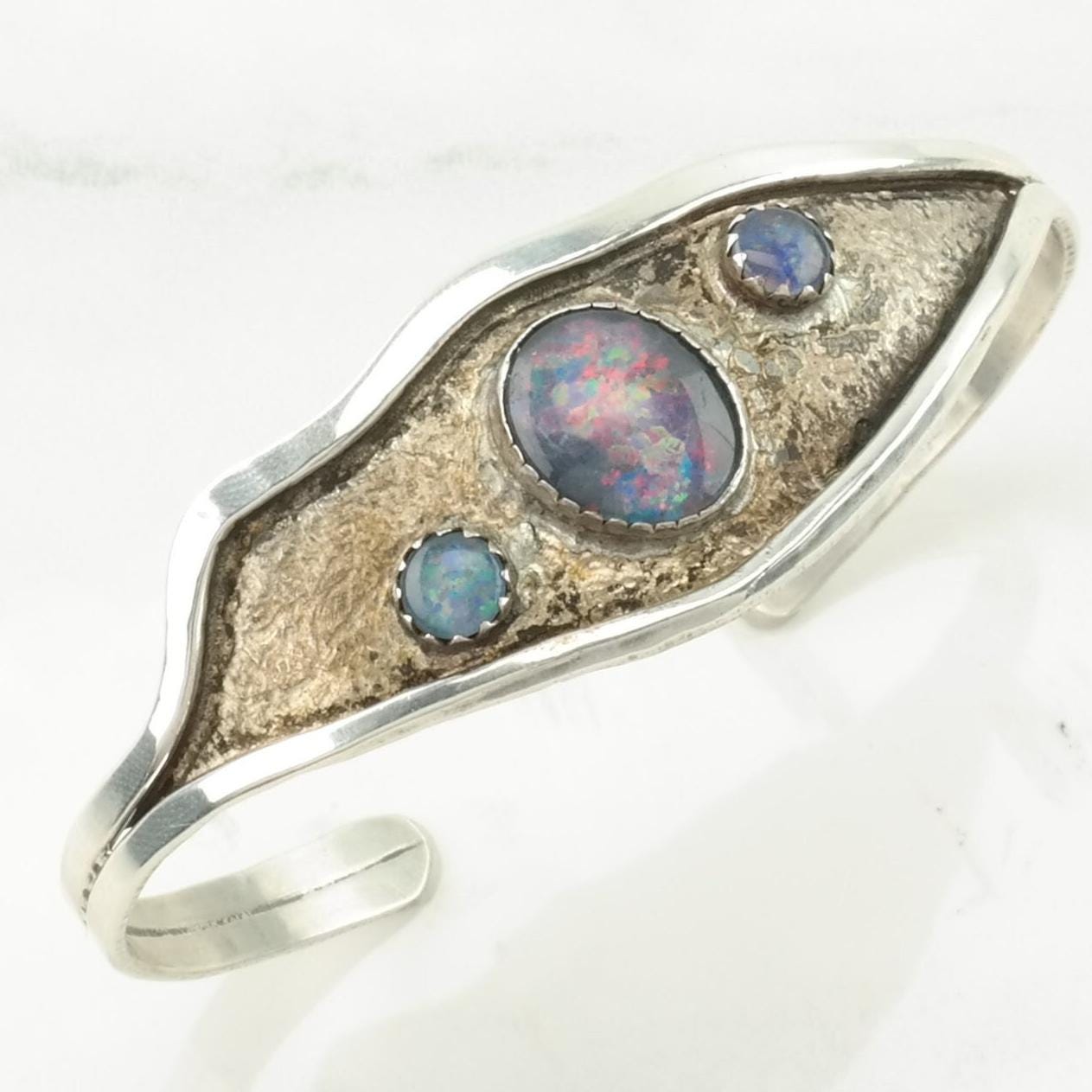 Vintage Sterling Silver Cuff Bracelet Purple Black Opal Triplet