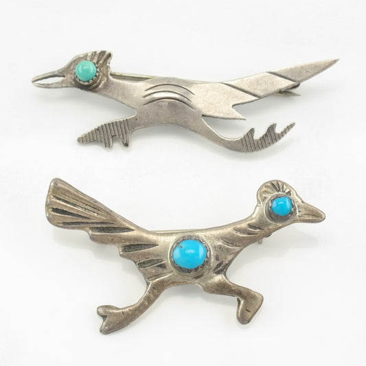 Native American Sterling Silver Brooch Roadrunner Blue Turquoise