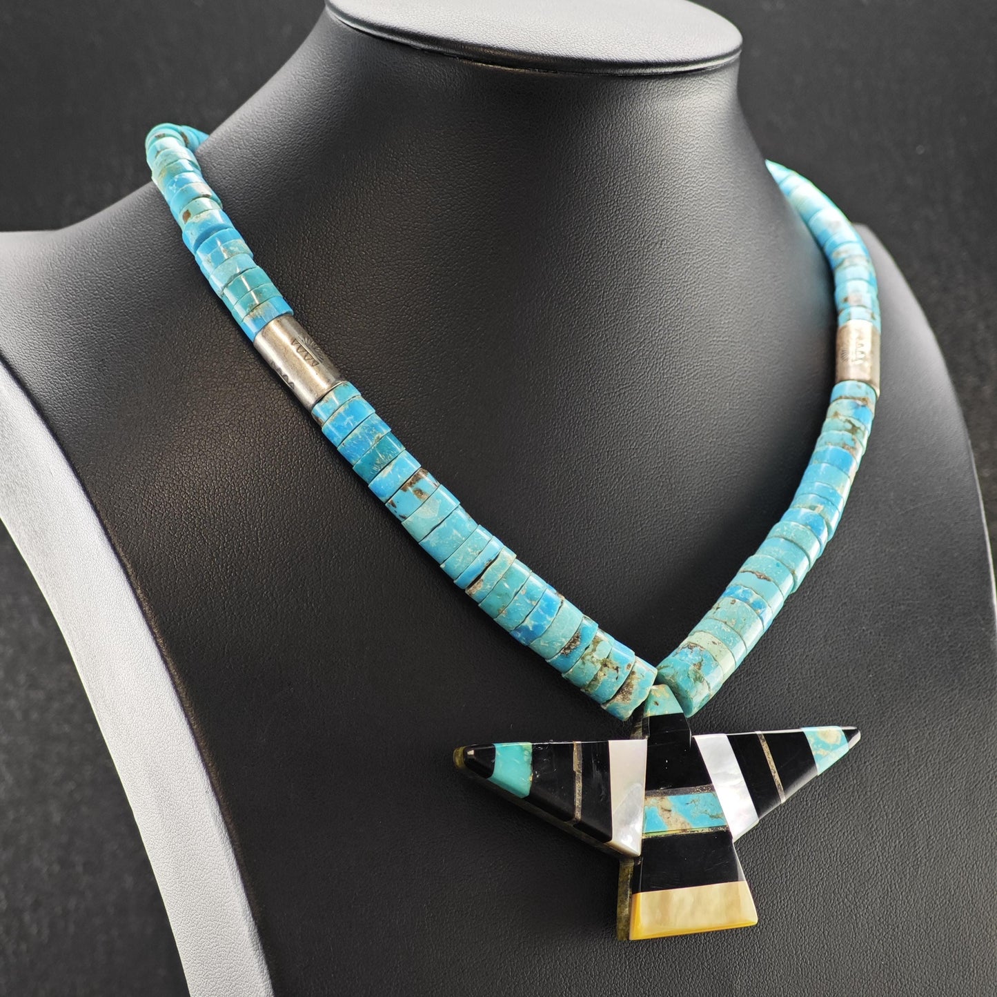 Native American Style Heishi Necklace Turquoise Onyx Graduated Beads 4.9-10.5mm N2665