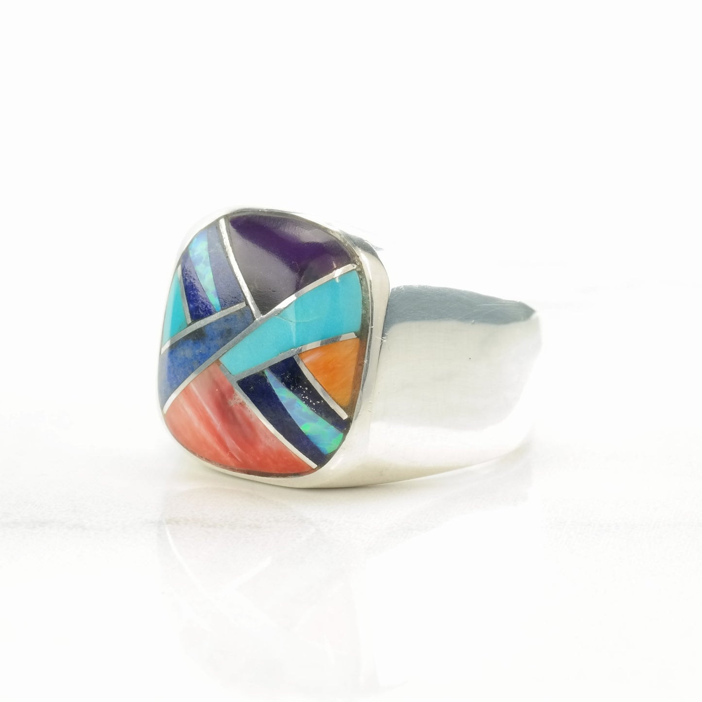 Vintage Southwest Silver Ring Multi Gemstone Inlay Sterling Size 10 3/4