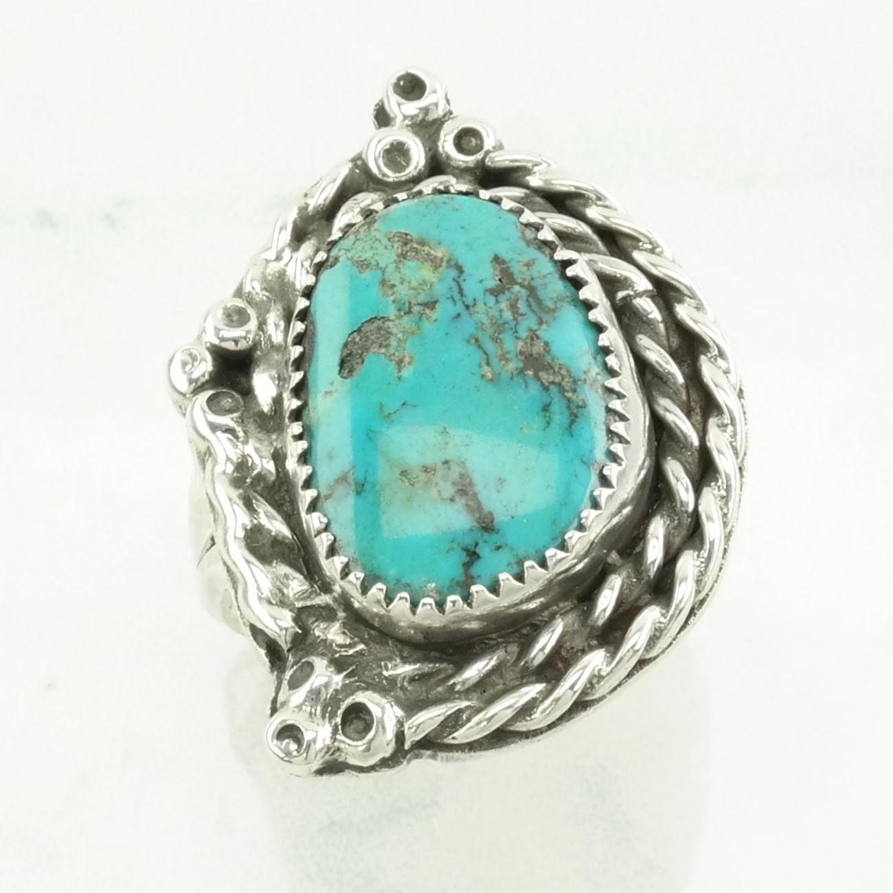 Vintage Native American Silver Ring Turquoise Rope Detail Sterling Blue Size 9 1/2