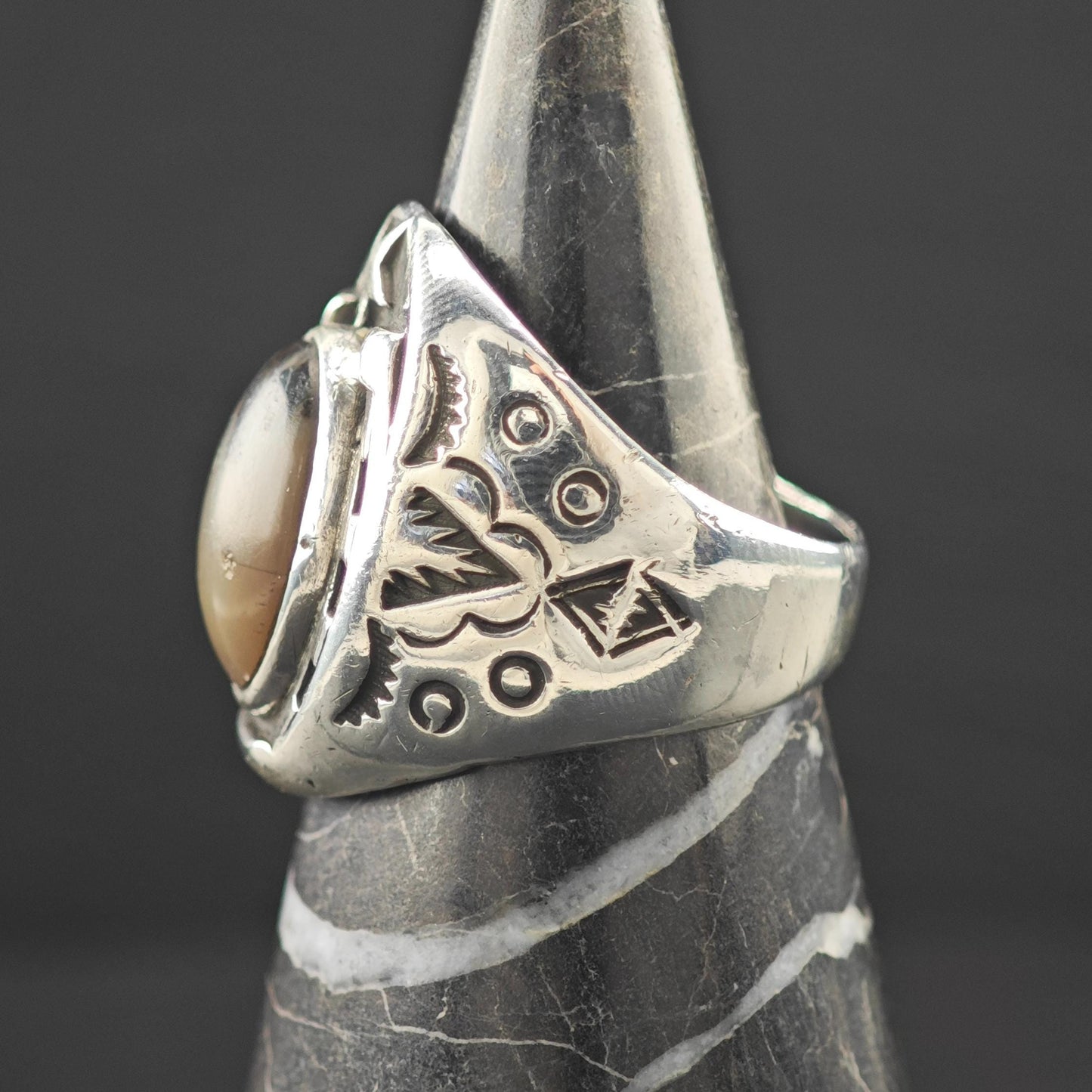 Sterling Bell Horseshoe Silver Ring Petrified Wood