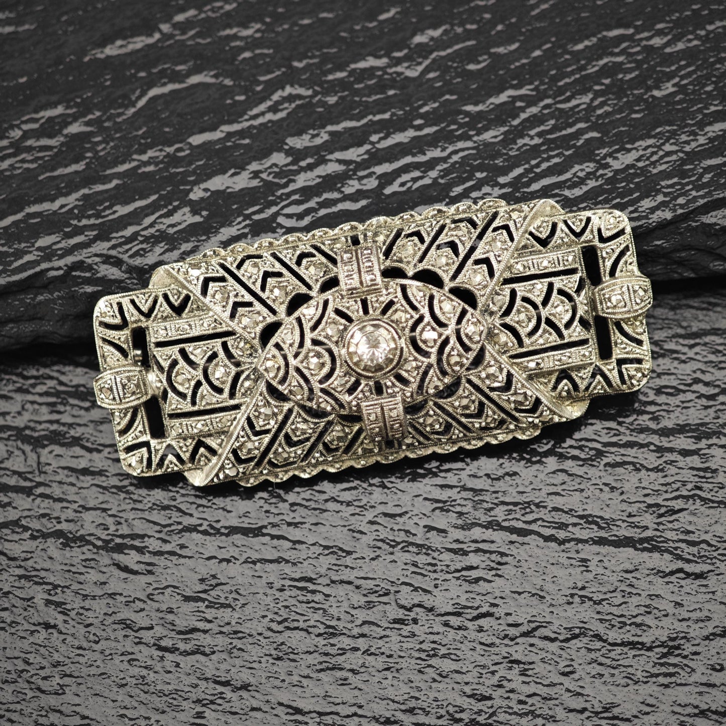 Art Deco Sterling Silver Brooch Filigree White Paste