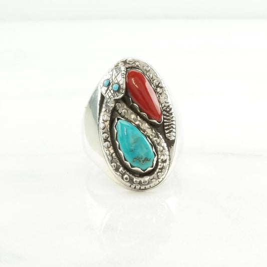 Zuni Silver Ring Turquoise, Coral Snake Sterling Blue, Red Size 11 1/2