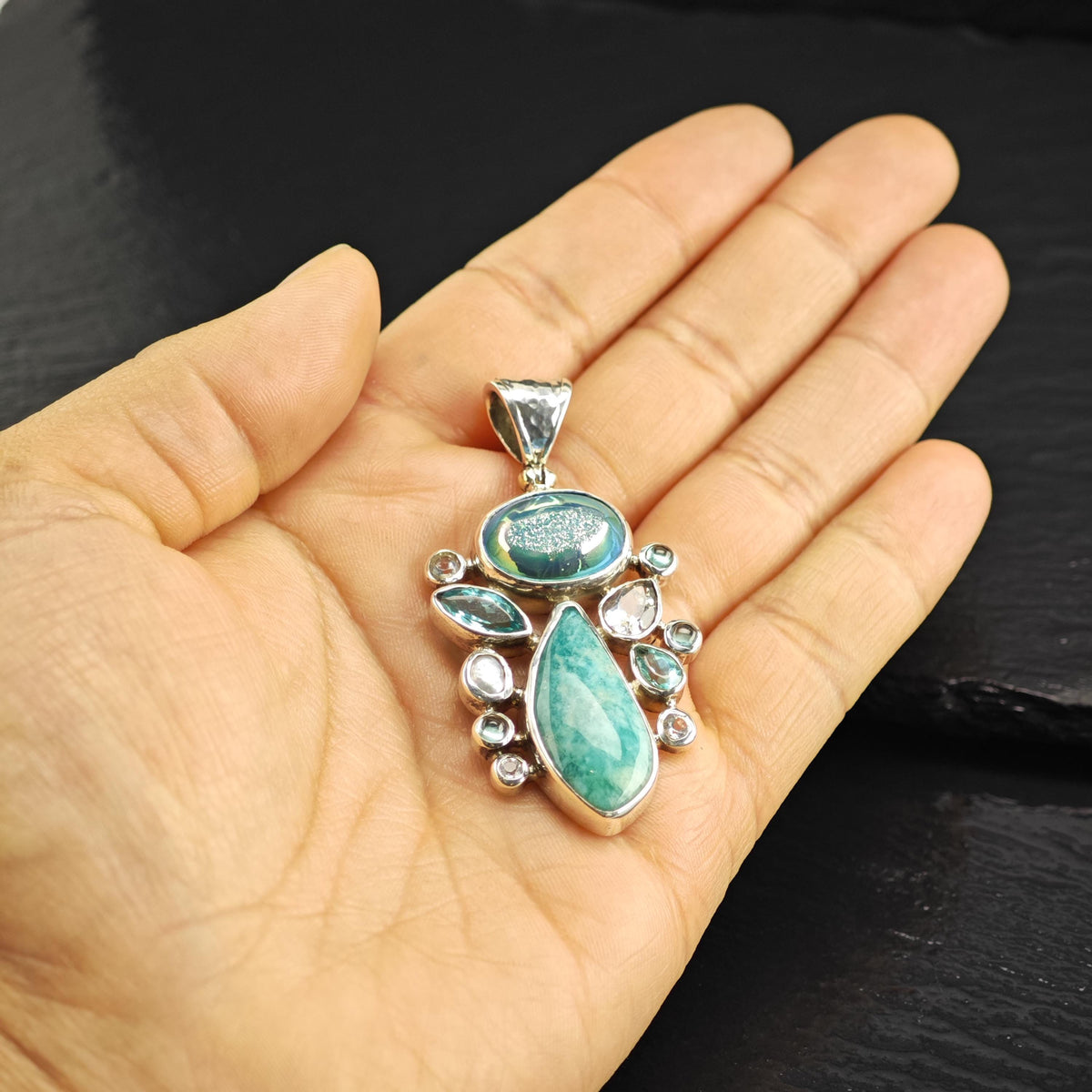 Starborn Amazonite Apatite Cluster Sterling Silver Pendant P3094