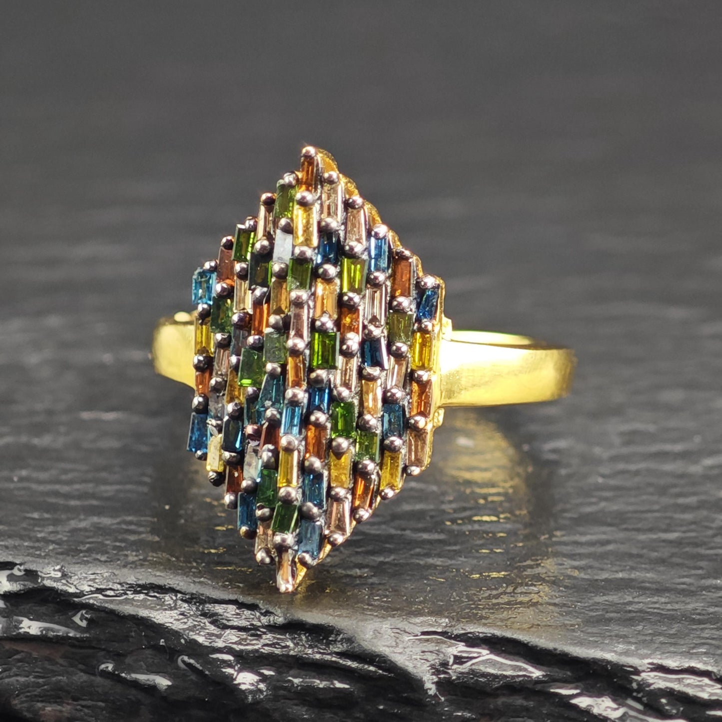 Color Diamond Marquis Shape Gold Plated Sterling Silver Ring Sz 6 R6610