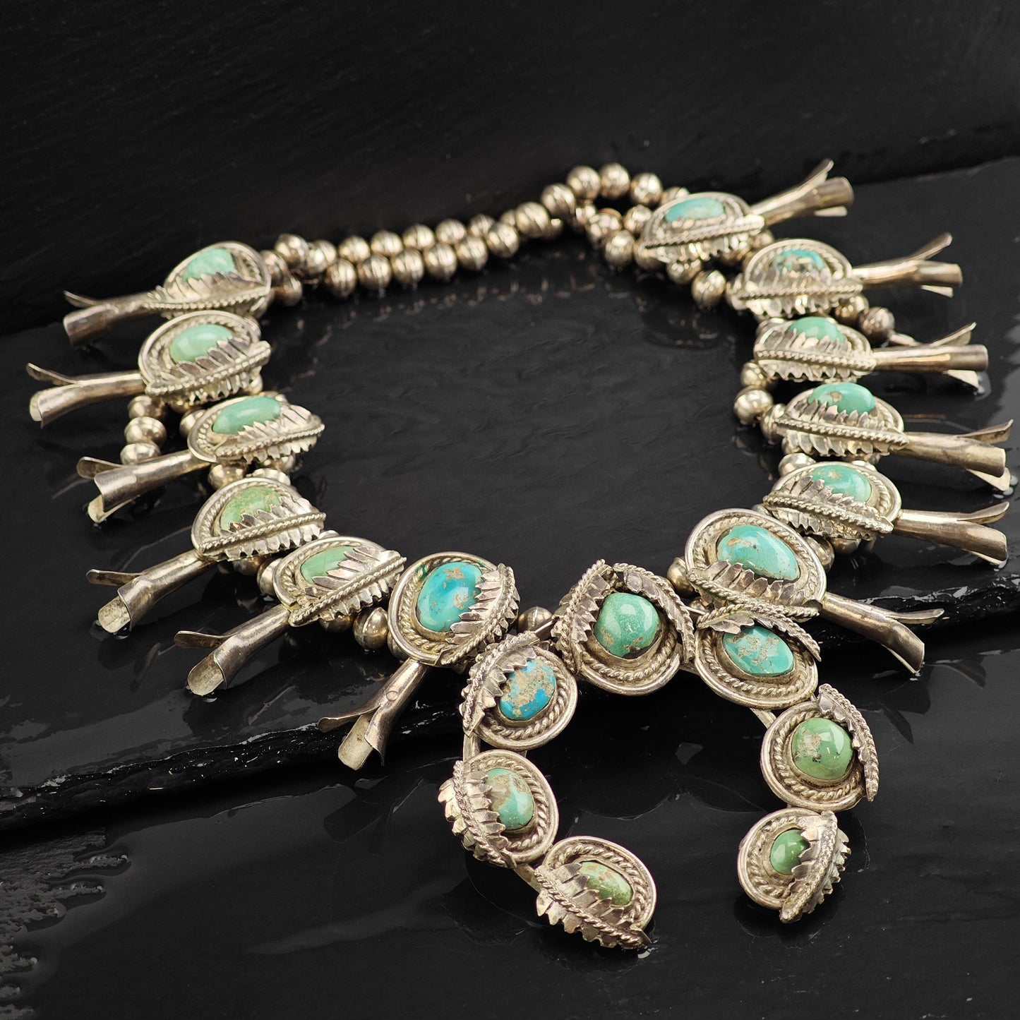Vintage Native American Morenci Turquoise Sterling Silver Squash Blossom Necklace N2728