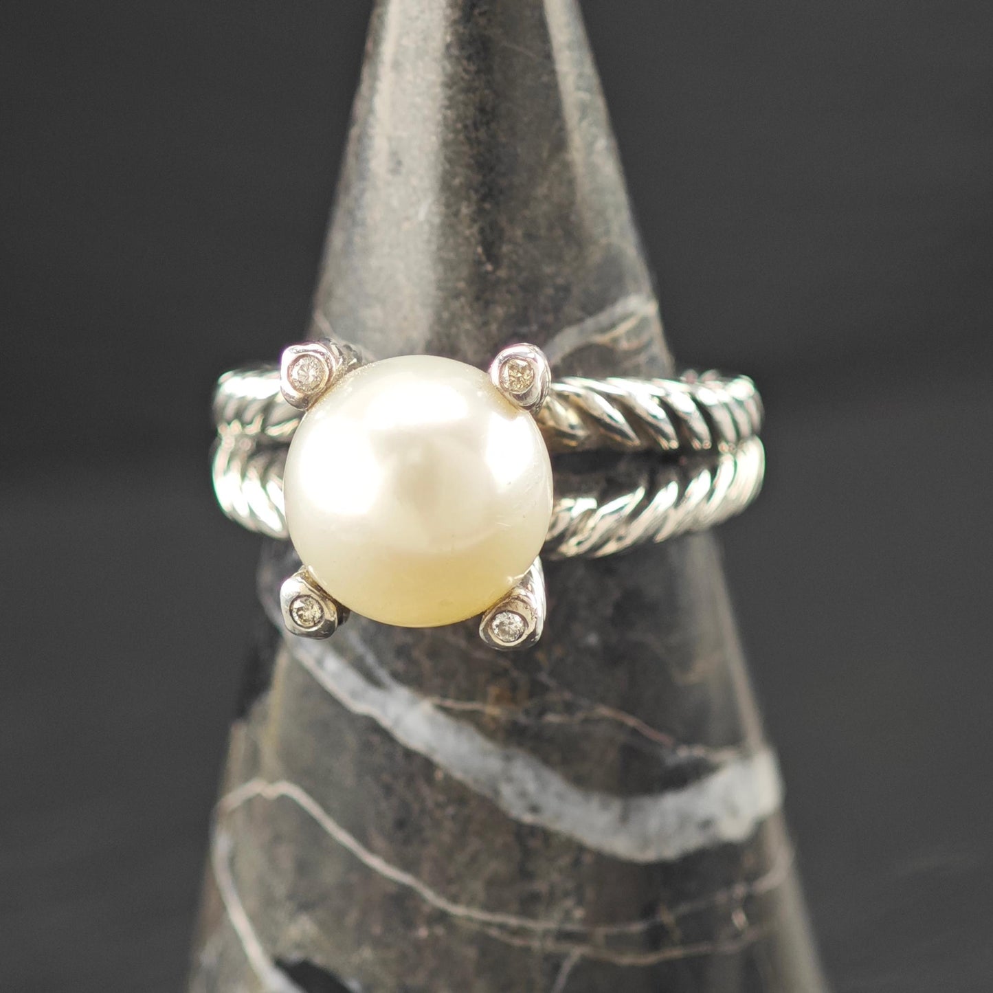 David Yurman 10mm Pearl Diamond Cable Ring Sterling Silver