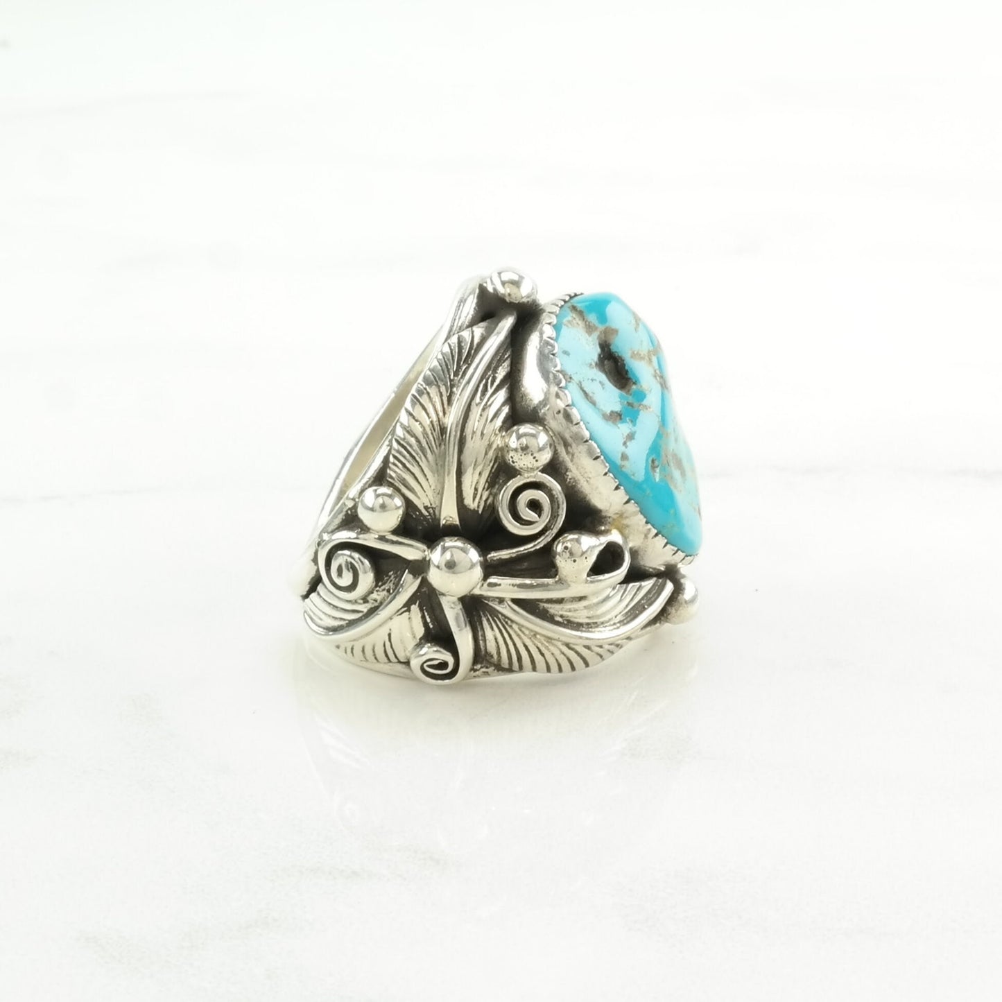 Native American Silver Ring Kingman Turquoise Leaf Sterling Blue Size 8